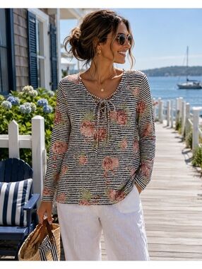 Como Blu Coastal Floral Stripe Tie Neck Top Cottagecore‎ Boho Petite PS